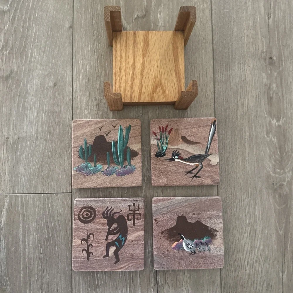 Set of 4 Sandstone Southwest/Desert Hand Painted Coasters‎ with Cork Backing